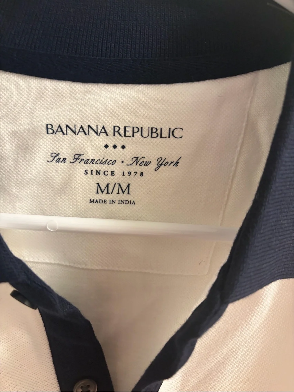 Men’s Banana Republic White Polo with Navy Collar and Pink & Navy Stripes